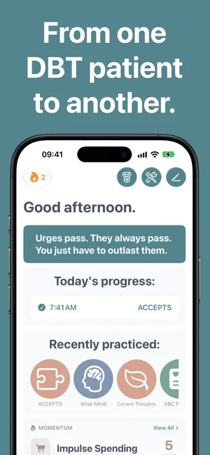 App Store screenshot of the Bifocal home screen, captioned From one DBT patient to another, showing today's progress and recently practiced skills