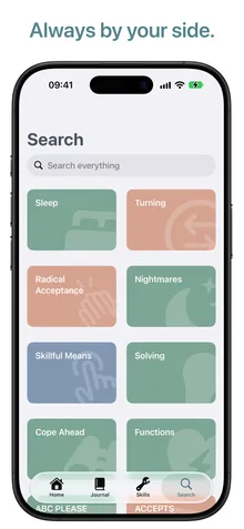 Search screen with a Search everything field above cards for Sleep, Turning, Radical Acceptance, Nightmares, Cope Ahead and ACCEPTS